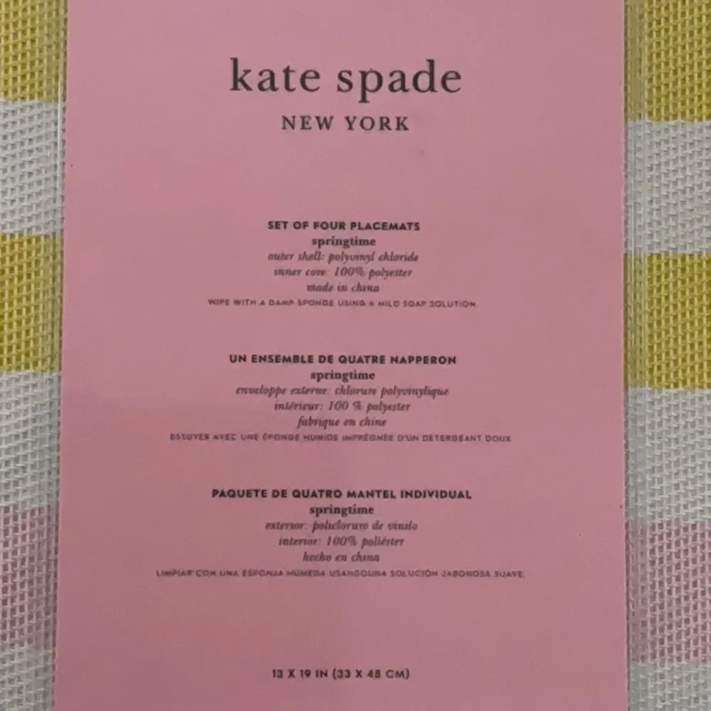 KATE SPADE NEW SPRINGTIME 4 PIECE PLACEMENT SET 13”x19”